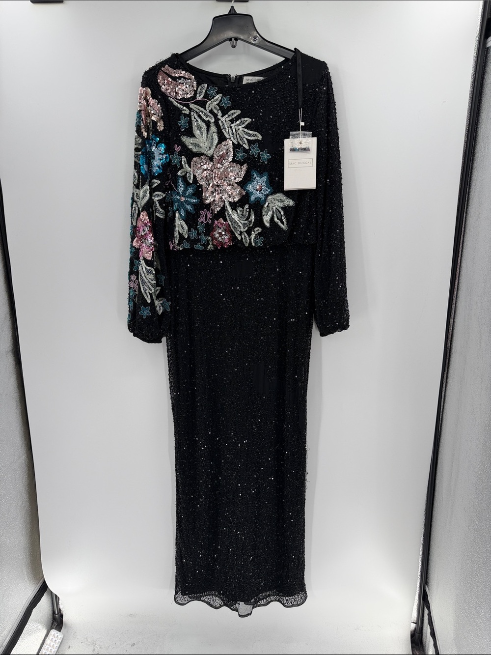 Mac Duggal 5615 Black High Neck Long Sleeve Sequin Evening Gown - 10 - Flawed